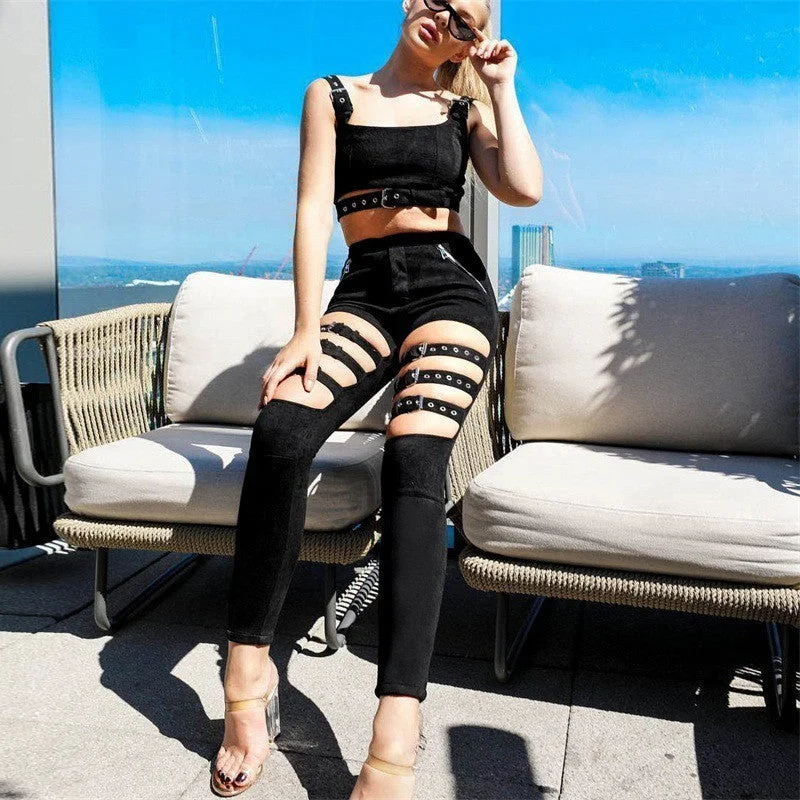 Black High Waist Hollow Out Adjustable Thigh Buckle Pants Lightweight Jogger Pants