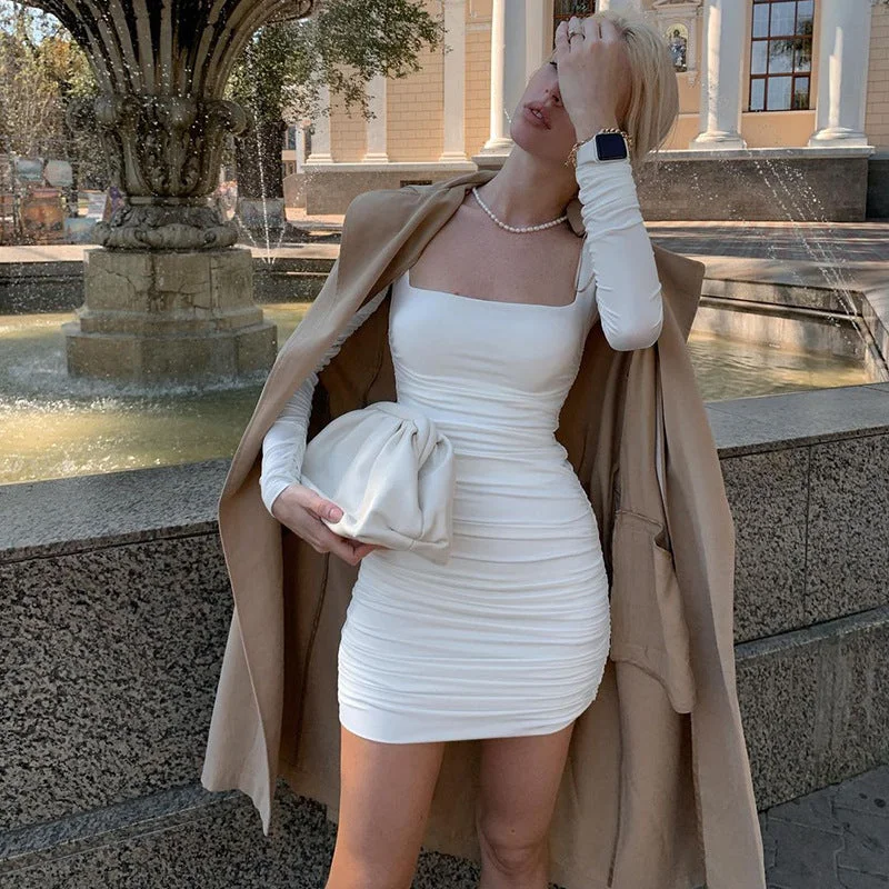 Wjczt dress to impress codes Hot Selling 2024 Spring and Summer New Elegant Slim-Fit Long-Sleeved Pleated Solid Color Dress Female Fashion Tunics Cozy comfortable