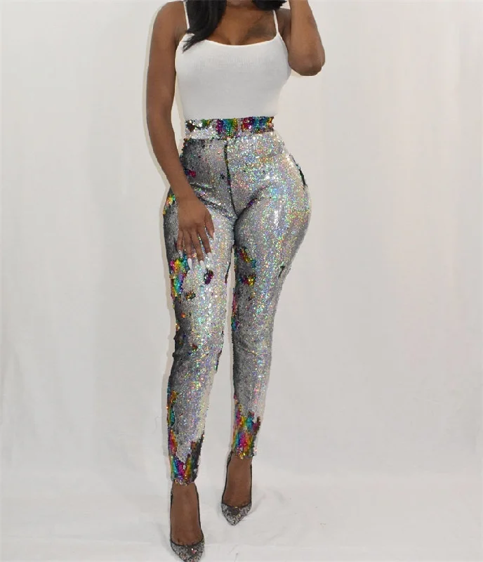 Sparkle Metallic Sequin High Waist Pants Comfortable Jogger Trousers