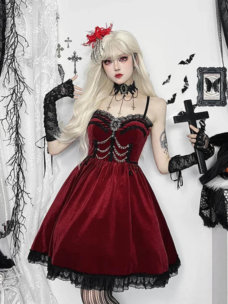 Wjczt  Christmas Gothic Red Dress Women Y2k E-girl Aesthetic Hotsweet Lace Patchwork Spaghetti Strap High Waist Velvet Dress Tunics Trendy modern