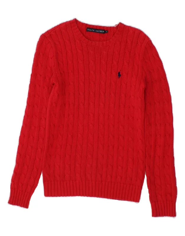 RALPH LAUREN Womens Crew Neck Jumper Sweater UK 10 Small Red Cotton Knit Fabric Woven Fabric Fleece Fabric