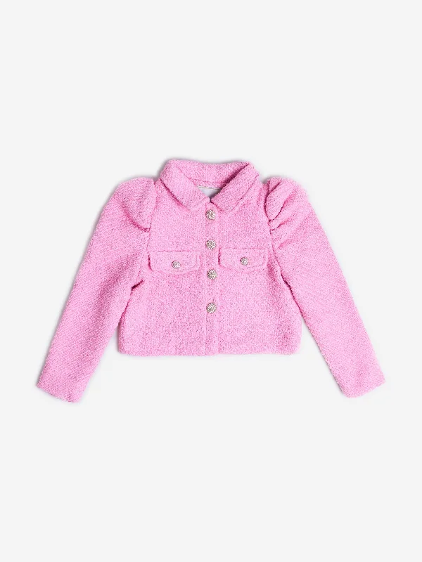 BCBG Girls Tweed Puff Sleeve Jacket in Pink A-Line Jacket Boat Neck Shawl Collar