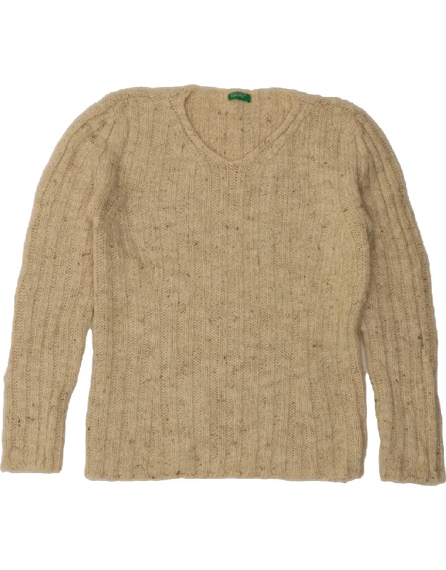 BENETTON Womens V-Neck Jumper Sweater UK 14 Large Off White Flecked Mesh Sweater Canvas Denim