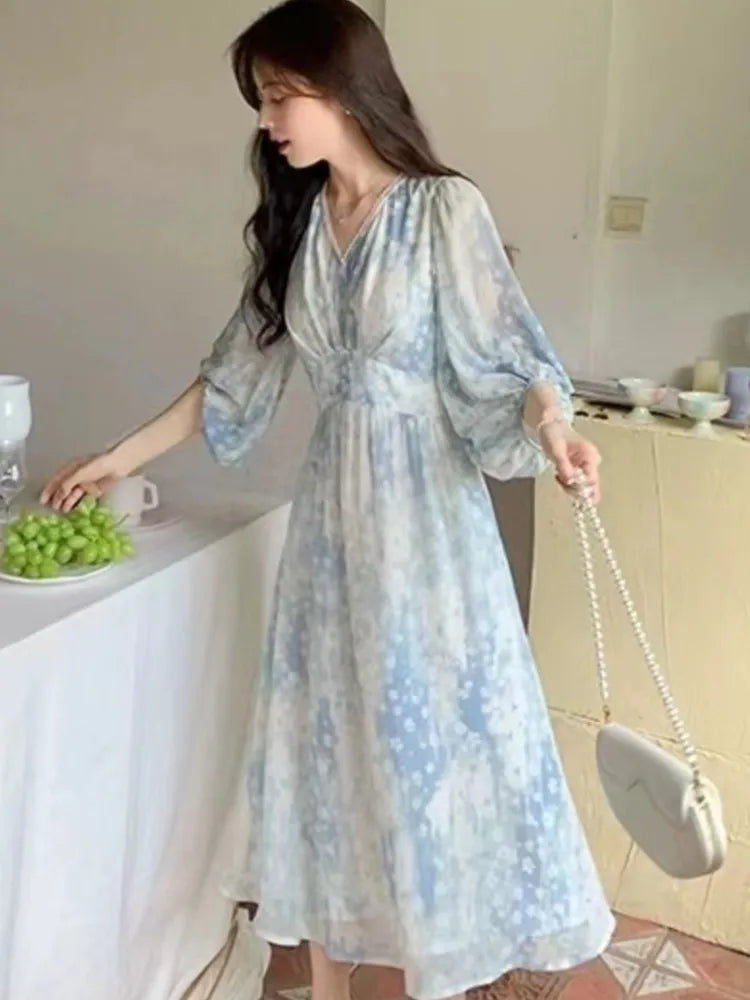 Wjczt Summer Women's Runway Dresses V Neck Half Sleeves Printed Sweet Fashion A-line Blue Vestidos Clothes For Women Beach Vacation Tunics Party sparkling