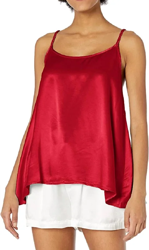 Daisy Satin Tank With Braided Straps & Elastic Back In Red fitted tank top