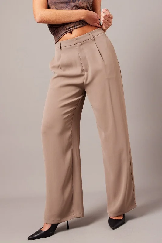 Beige Wide Leg Pants High Rise Chic Faux Leather Pants