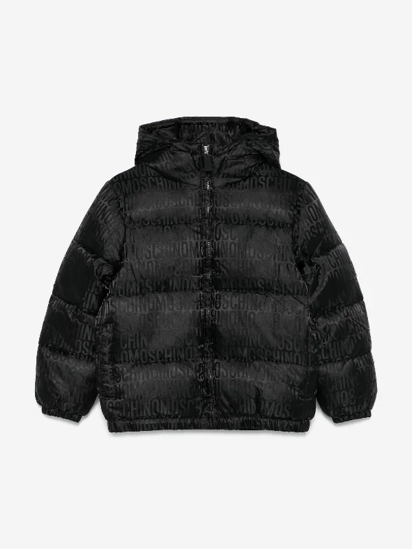 Moschino Kids All Over Logo Puffer Jacket in Black Front Pockets Side Pockets Patch Pockets