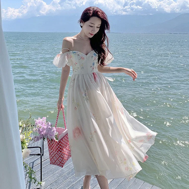 Wjczt cybergoth dress to impress Pink Strap Floral Dress Women's Summer French Elegant Fairy Princess Dress off-Shoulder Puff Sleeve Long Dress Tunics Chic elegant