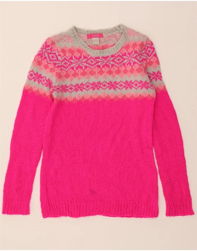 OASIS Womens Boat Neck Jumper Sweater UK 10 Small Pink Fair Isle Chenille Brocade Lace