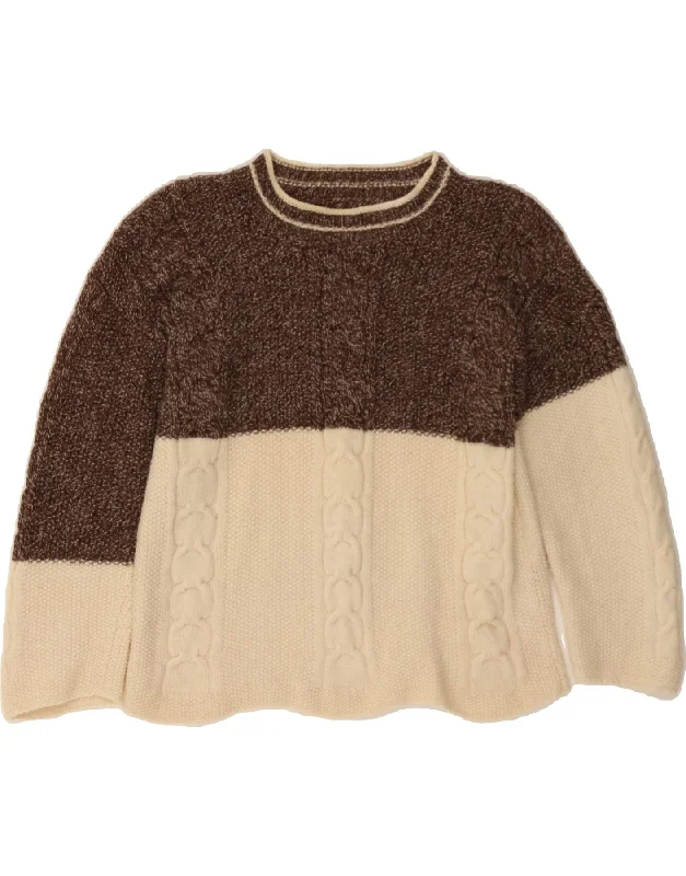 VINTAGE Womens Boat Neck Jumper Sweater UK 12 Medium Brown Colourblock Solid Print Embellished