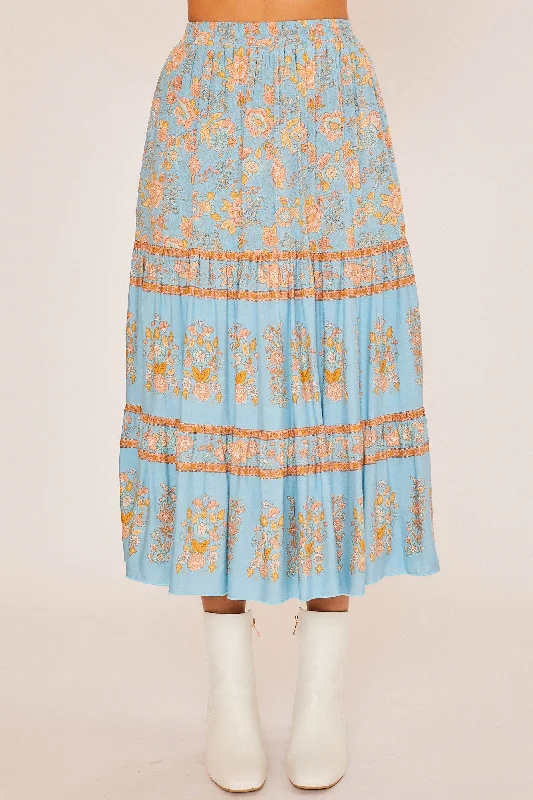 Sandra Boho Floral Maxi Skirt Dusty Blue linen skirt airy