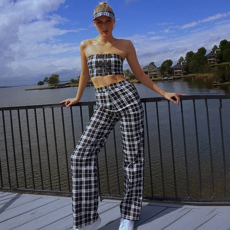 Plaid Side Stripe High Waist Wide Leg Pants Trendy Wide-Legged Trousers