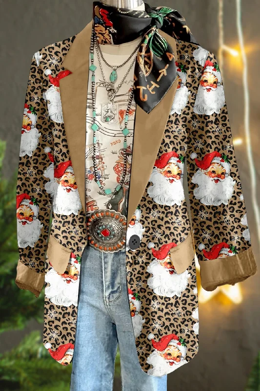 Classic Christmas Santa Print Long Sleeve Jacket Hooded Jacket Caped Jacket Shawl Collar Jacket