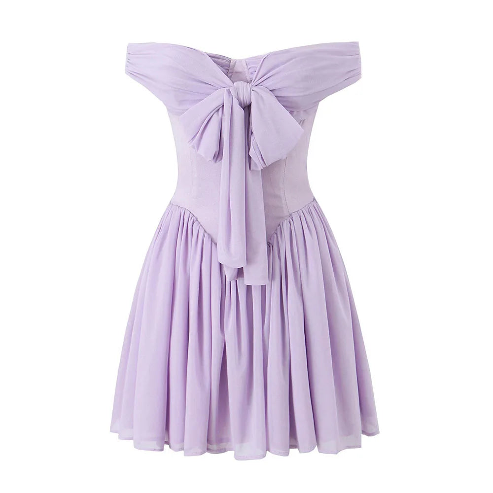 Wjczt Autumn 2024 new women's fashion slim slim temperament one-shoulder bow violet mesh color matching dress Princess skirt Tunics Sophisticated sleek