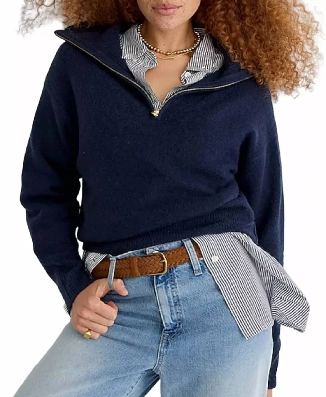 Half-Zip Stretch Sweater In Blue Solid Print Embellished