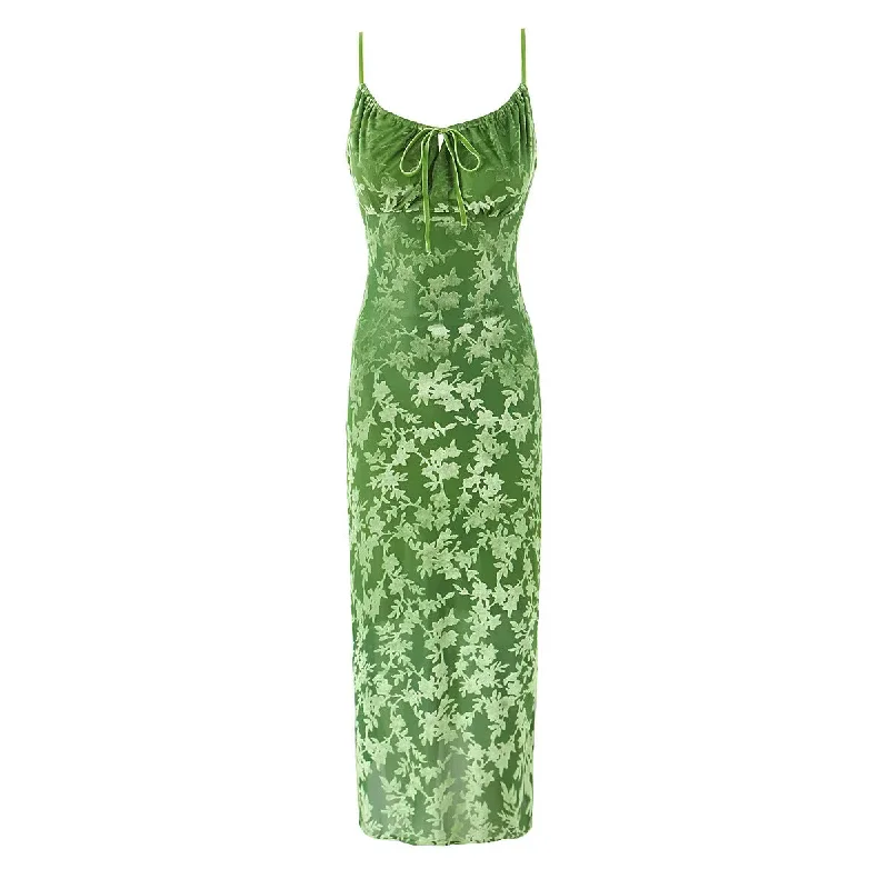 Wjczt prom dresses French Style Niche Summer Retro Green Flocking Printed Sling Dress Hot Girl Slim Lace-up Sheath Dress for Women Floral Print girly