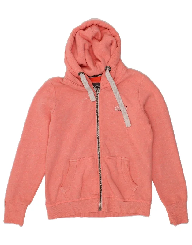 SUPERDRY Womens Zip Hoodie Sweater UK 16 Large Pink Cotton Herringbone Houndstooth Plaid