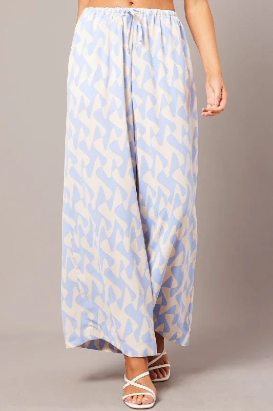 Blue Geo Wide Leg Pants High Rise Fashionable Button-Up Pants