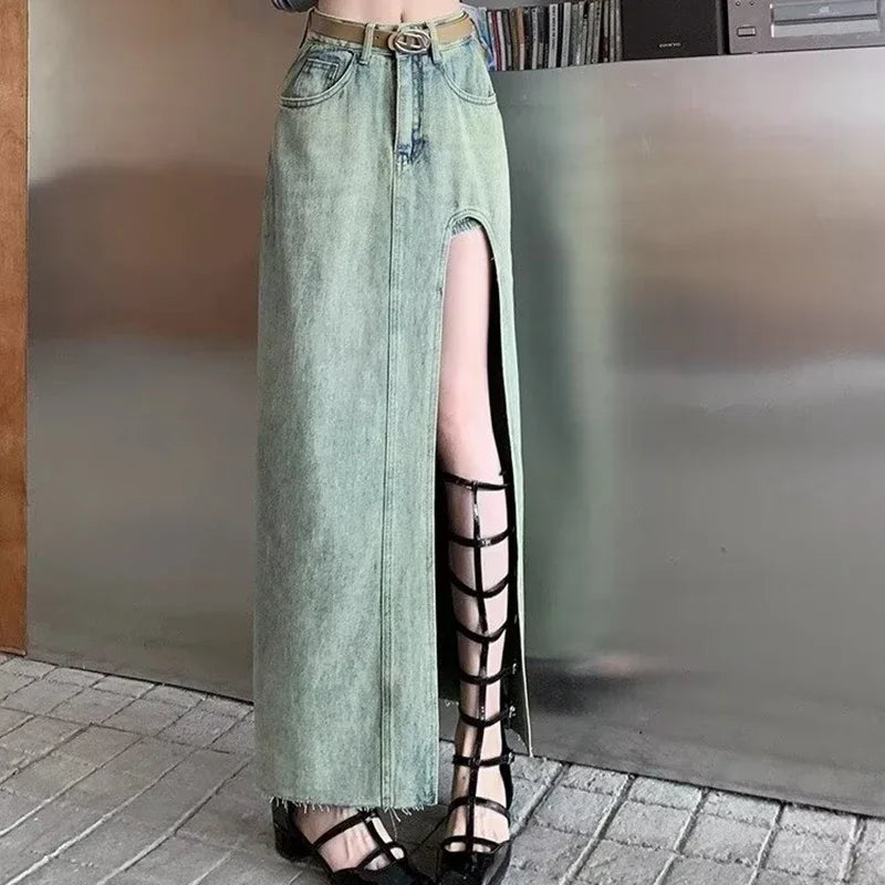 Wjczt 2024 New Women Designer High Waist Denim Side Slit Skirts Female Hotsweet Fashion Wrapped Dress Girls Sexy Blue Skirts Big Size empire Waist empire