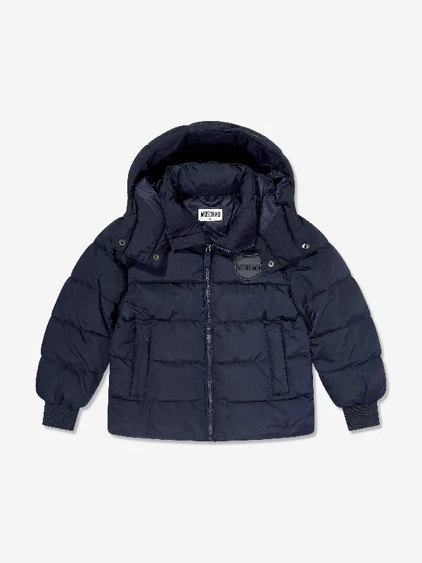 Moschino Kids Logo Puffer Jacket in Navy Hooded Jacket Caped Jacket Shawl Collar Jacket