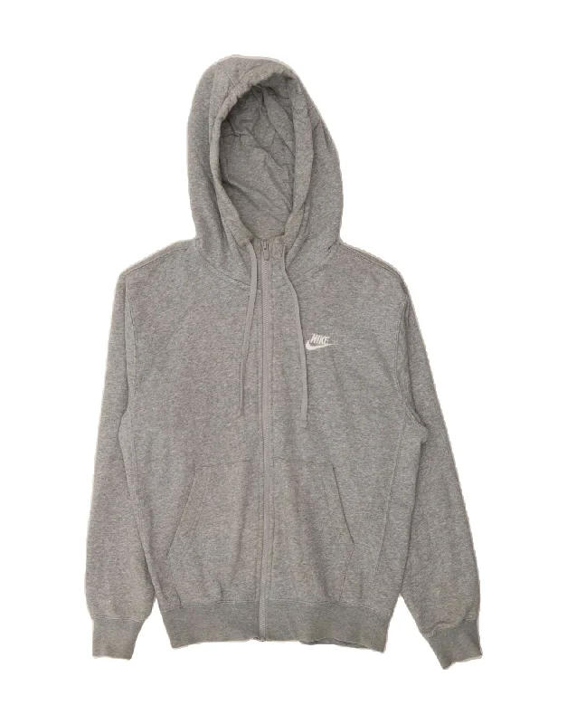 NIKE Womens Oversized Zip Hoodie Sweater UK 6 XS Grey Cotton Hooded Sweater Collared Sweater Shawl Collar