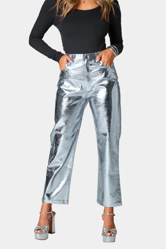 BuddyLove Travolta High-Rise Metallic Pants - Silver Casual Drawstring Pants