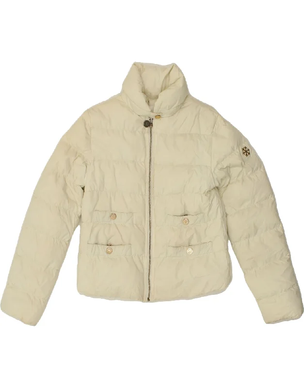 ELISABETTA FRANCHI Womens Crop Padded Jacket IT 42 Medium Off White Zippered Jacket Buttoned Jacket Snapped Jacket