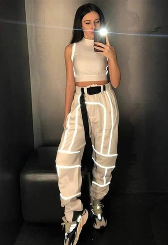 Reflective Buckle Belt High Waist Cargo Pants Soft Stretch Leggings