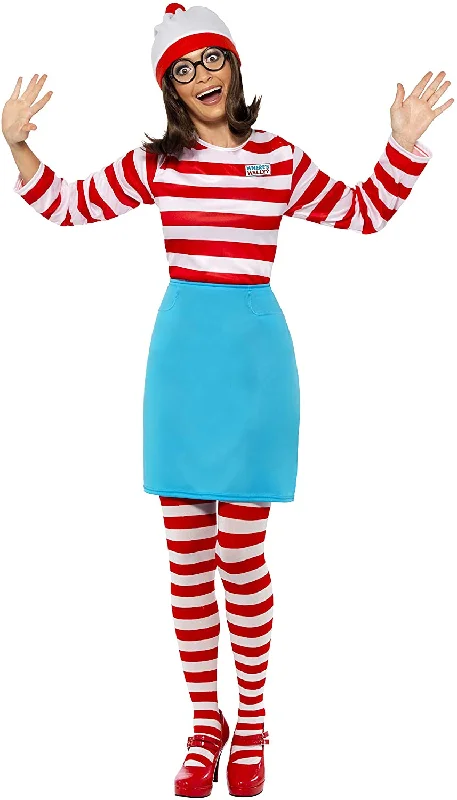 Smiffys Women's Where's Wally? Wenda Costume, Top, Skirt, Glasses, Tights & Hat, Size: M, Colour: Red and White, 39504 button skirt front