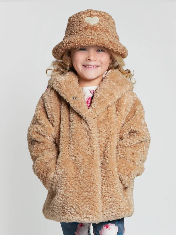 Monnalisa Girls Plush Faux Fur Jacket in Beige Hoodie Zip-Up Jacket Button-Up Jacket