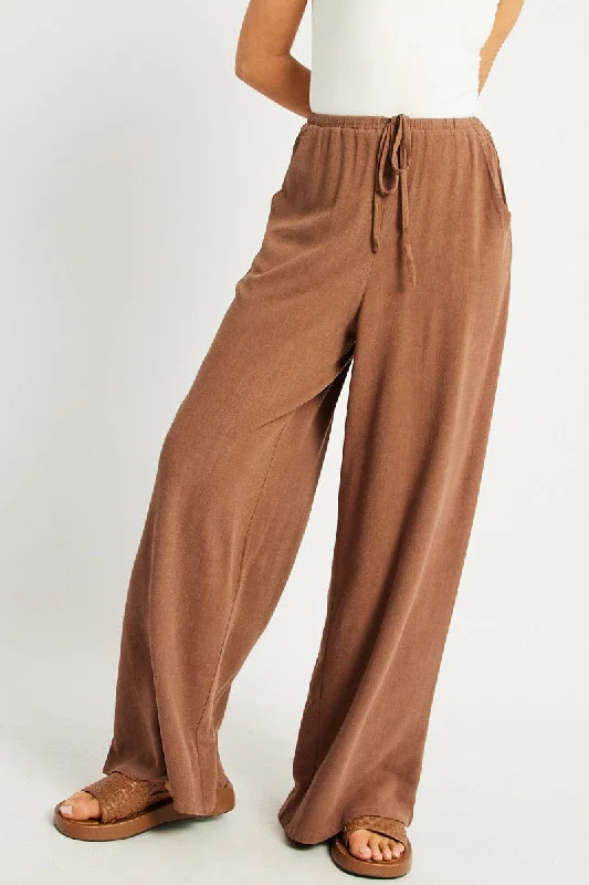 Brown Wide Leg Pants High Rise Relaxed Linen Pants