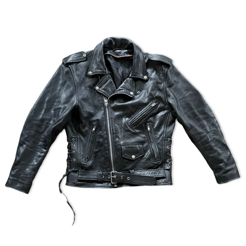 Vintage Black Leather Moto Jacket Toggled Jacket Drawstring Jacket Belted Jacket