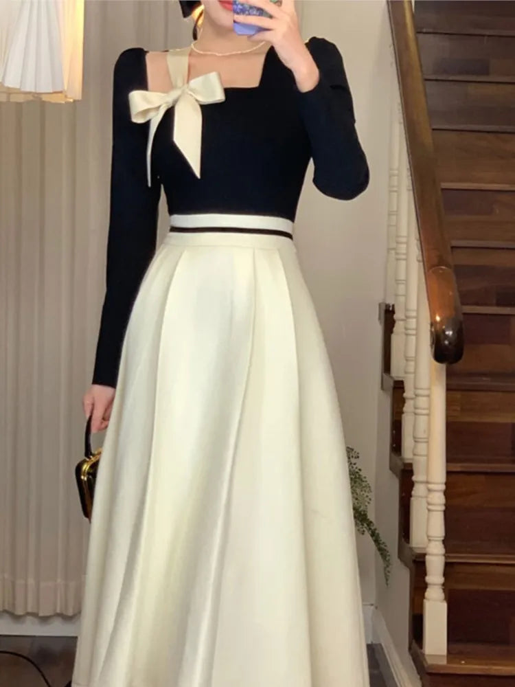 Wjczt Elegant Hepburn Women Dresses  Spring Korean Fashion Chic Square Collar Bow Long Sleeve Vestidos Patchwork Prom A Line Dress New Tunics Wedding white