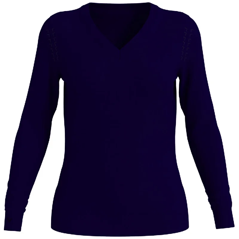 Callaway Women's Navy Blue Merino Wool Blend V-Neck Sweater Mesh Blend Leather Blend Suede Blend