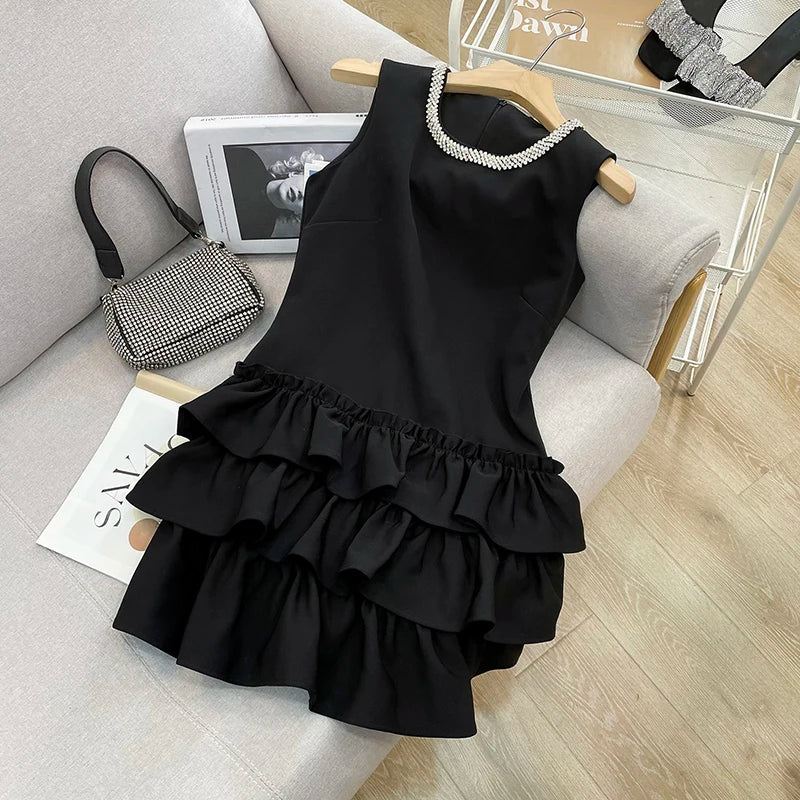 Wjczt Fashion Beading Sleeveless Vest Dress Female Summer Temperament Slim Ball Gown Cake Dress Woman Clothing Elegant Women's Dresses Elegant Long Evening