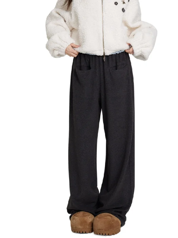 Fuzzy Big Pocket Straight-Leg Casual Pants Relaxed High-Waist Trousers