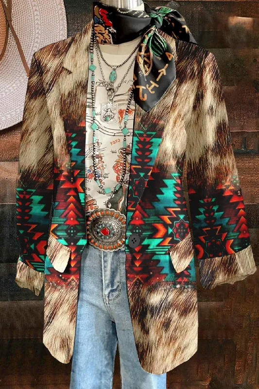 Vintage Western Print Long Sleeve Jacket Zip Front Button Front Snap Front