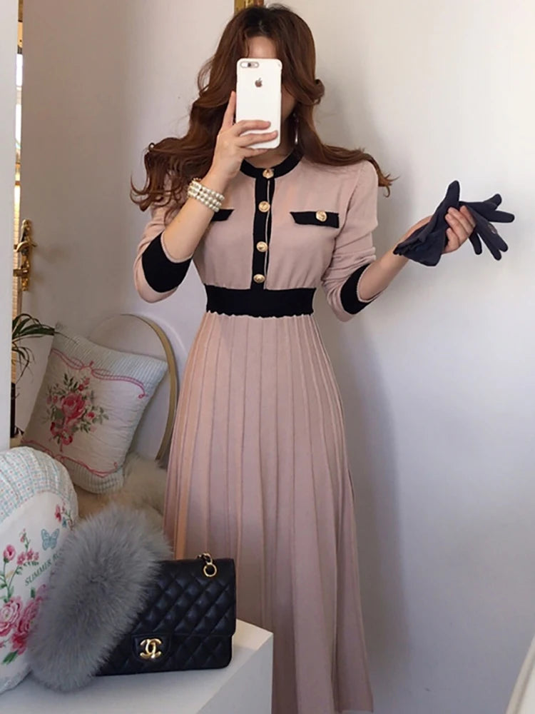 Wjczt  Autumn Korean Knitted Women Long Pleated Dress Women Long Sleeve Single-breasted A-line Dresses Elegant Ladies Vestidos Shift Classic Vintage