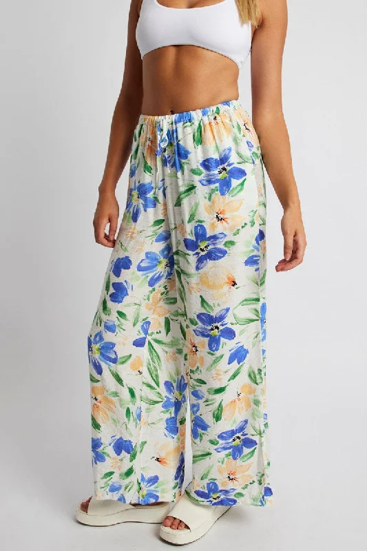 White Floral Wide Leg Pants Mid Rise Soft Cotton Pants