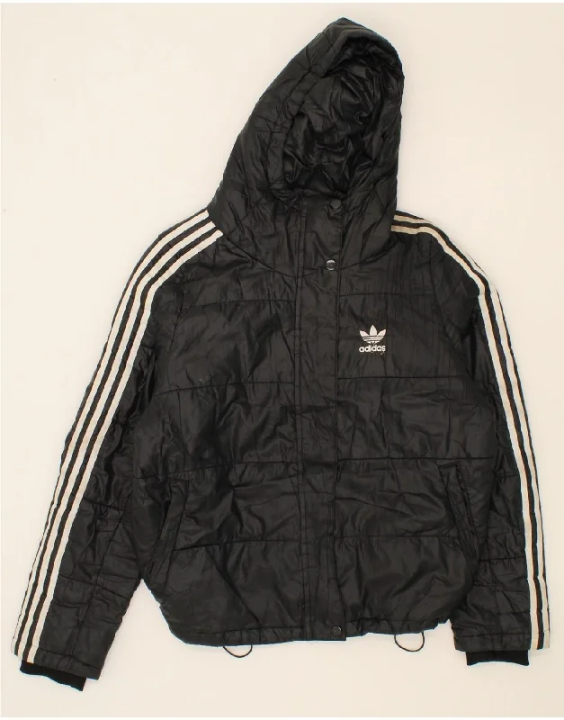 ADIDAS Womens Hooded Windbreaker Jacket UK 12 Medium Black Polyester One-Shoulder Jacket Off-the-Shoulder Jacket Asymmetrical Jacket