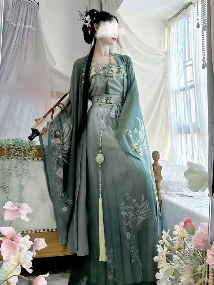 Wjczt Retro Chinese traditional women's Hanfu Song Dynasty green Hanfu printed dress women's role play dress. Tunics Wedding white