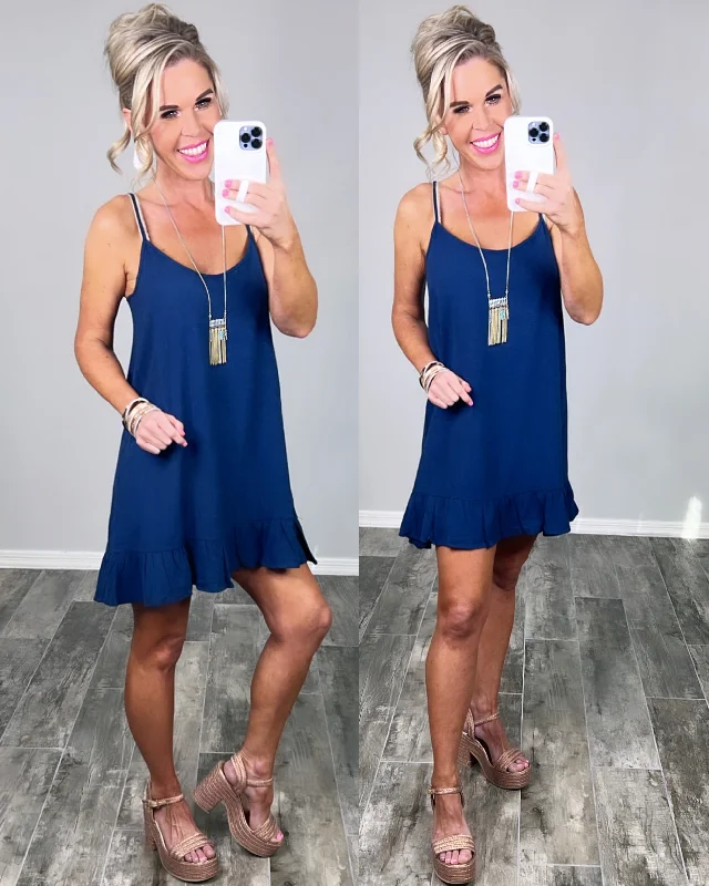 Sunday Brunch Ruffle Dress - Navy Tunics Cozy comfortable