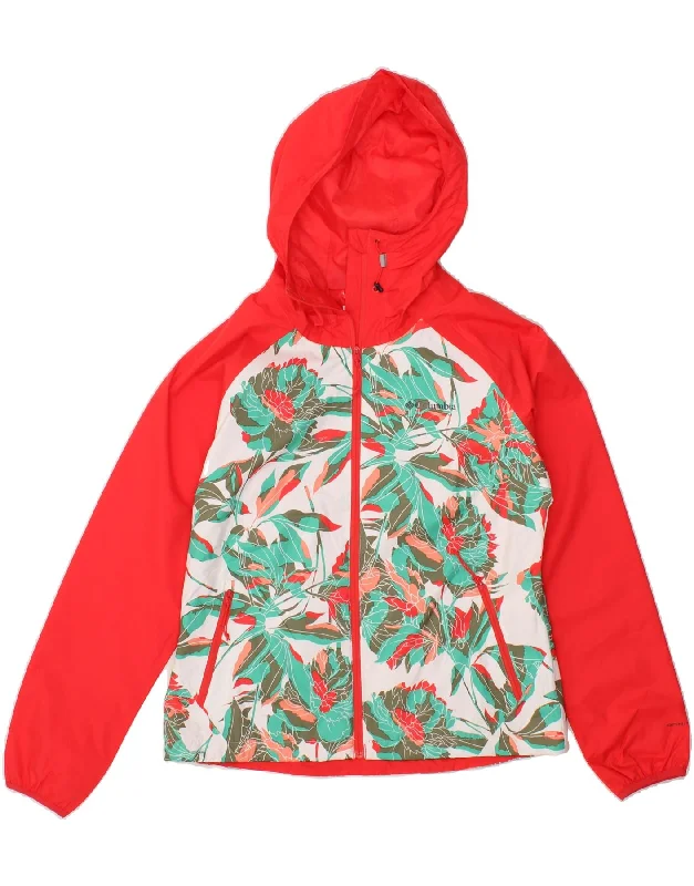 COLUMBIA Womens Hooded Rain Jacket UK 12 Medium Red Floral Polyester Toggled Jacket Drawstring Jacket Belted Jacket