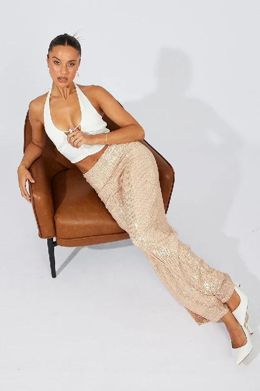 Beige Wide Leg Pants High Rise Sequin Classic Straight-Leg Pants