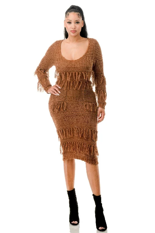 Knit Long Sleeve Fringe Dress Tunics Print Colorful