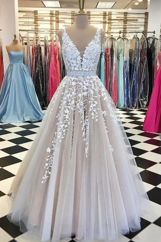 A Line Applique Tulle Prom Long V Neck Sleeveless Party Dress with Beading Tunics Occasion special