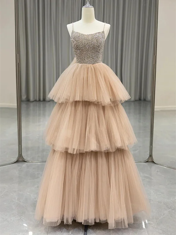 A Line Champagne Layers Tulle  Long Prom Dresses, Beaded Spaghetti Strap  Champagne Layers Tulle  Long Evening Dresses Tunics Floral girly