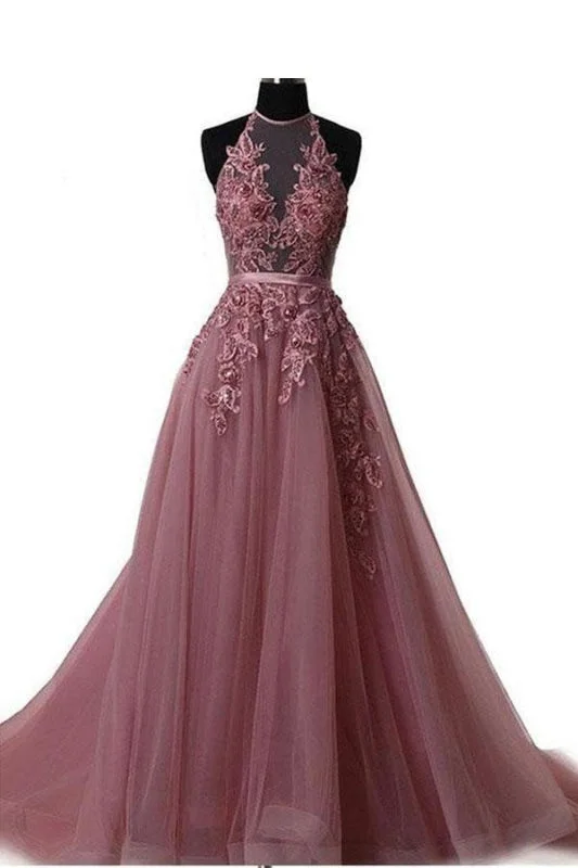 A Line Cheap Halter Tulle Prom Appliques Long Party Dress with Rhinestones Tunics Stylish elegant