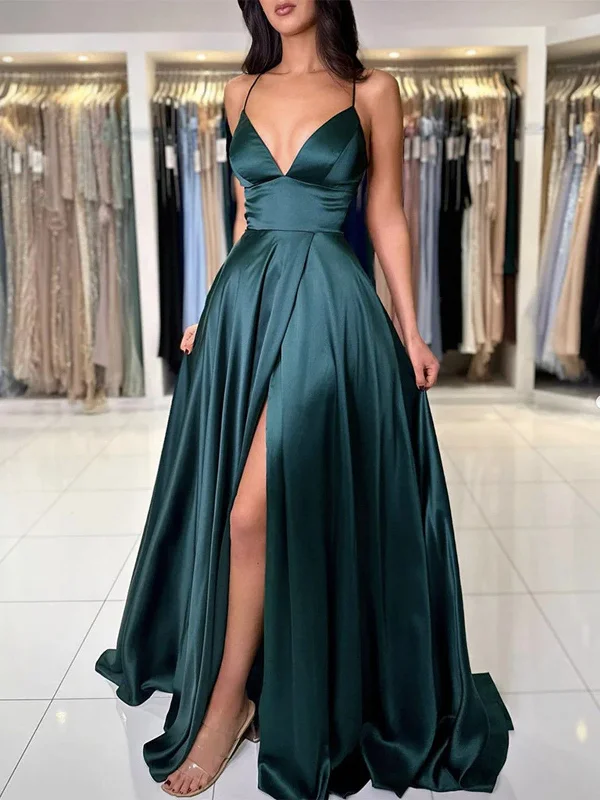 A Line Dark Green V Neck Backless Satin Long Prom Dresses, Dark Green Long Formal Evening Dresses Pencil Length Work