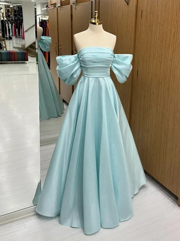 A Line Off Shoulder Satin Blue Long Prom Dresses, Off The Shoulder Blue Satin Long Formal Evening Dresses Turtleneck Warm Winter